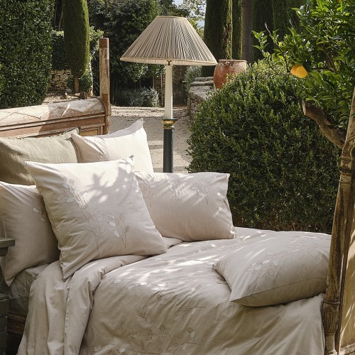 Garnier-Thiébaut - Housse de couette brodée en percale de coton 80 fils/cm² lavé, Monnaie du pape Naturel
