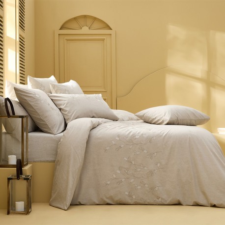 Garnier-Thiébaut - Housse de couette brodée en percale de coton 80 fils/cm² lavé, Monnaie du pape Naturel