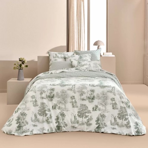 Garnier-Thiébaut - Parure de lit imprimée en percale de coton 80 fils/cm², Poésie Verde