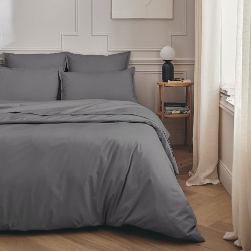 Parure de lit unie en percale de coton 80 fils/cm² Première Basalte, Essix
