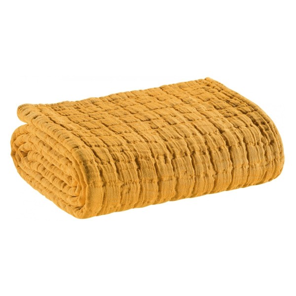 Couvre-lit, jeté de lit coton structuré stonewashed Swami Safran - Vivaraise