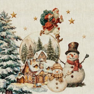 Serviettes de table imprimé métis lin et coton lavé Bonhommes de neige Vintage, Garnier-Thiébaut (par 4)