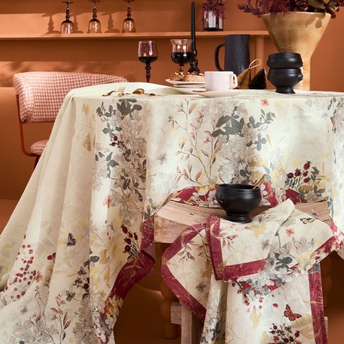 Petit carré déco métis lin/coton lavé Vintage flowers Cranberry 115x115, Garnier-Thiébaut