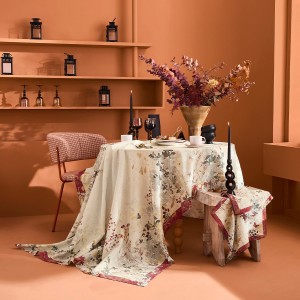 Nappe imprimé métis lin/coton lavé Vintage Flowers Cranberry, Garnier-Thiébaut