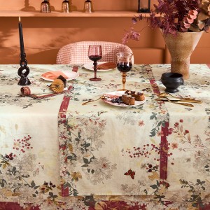 Chemin de table métis lin/coton lavé Vintage flowers Cranberry, Garnier-Thiébaut