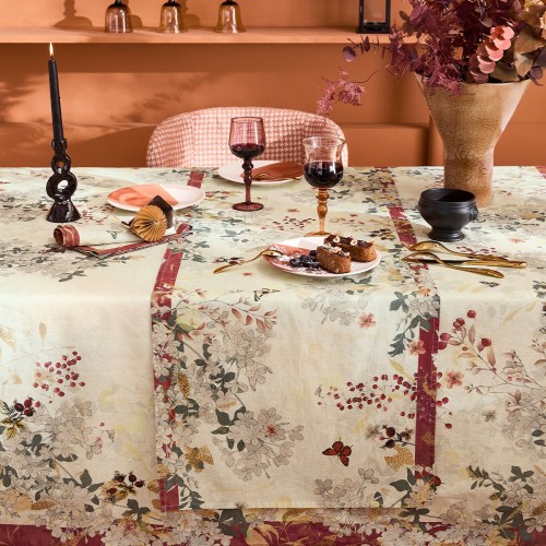 Chemin de table métis lin/coton lavé Vintage flowers Cranberry, Garnier-Thiébaut