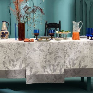 chemin de table, jacquard, coton, haut de gamme, floral, gris
